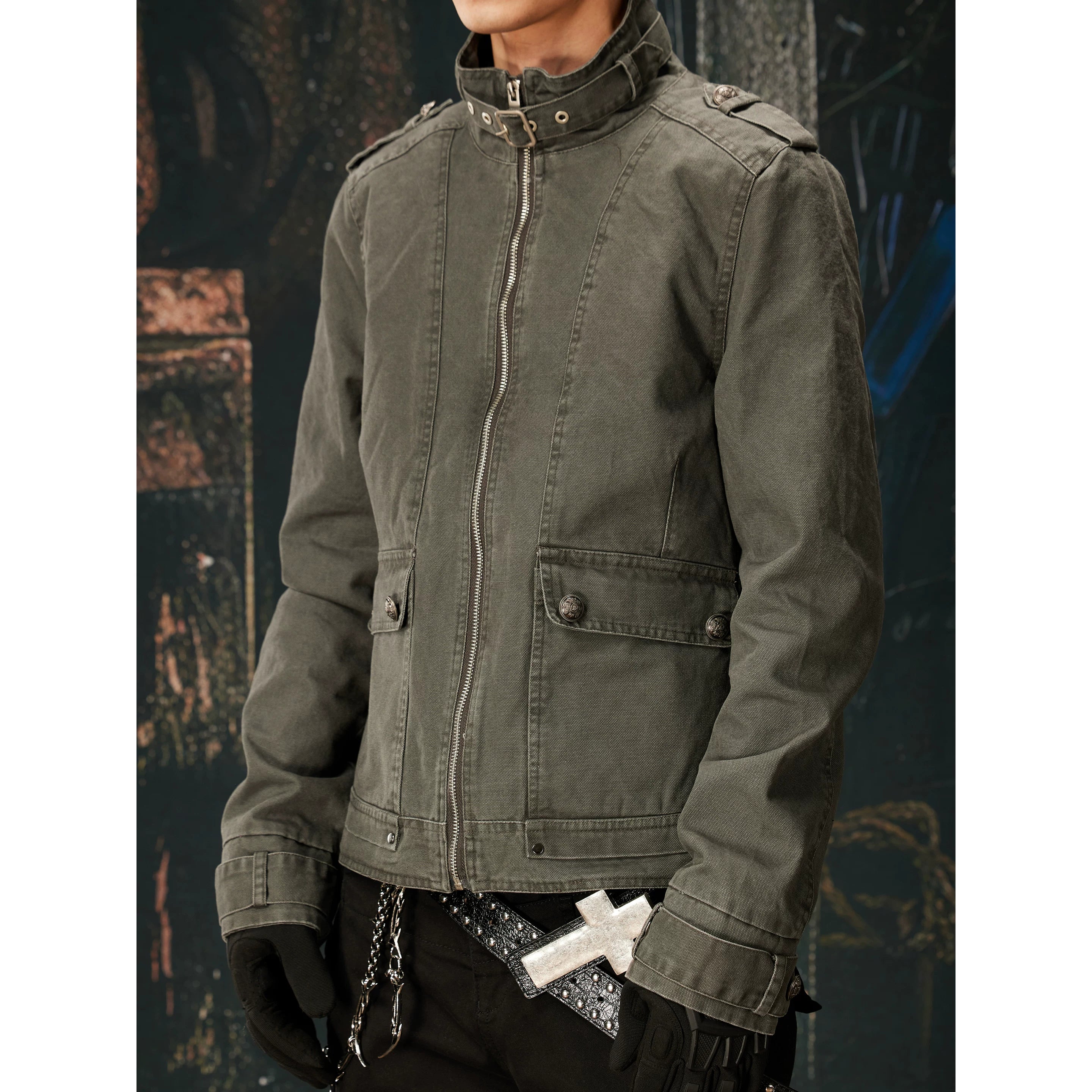 Unmanned island new product retro punk workwear stand collar adjustable loop metal buckle zipper jacket jacket for men and women