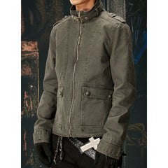 Unmanned island new product retro punk workwear stand collar adjustable loop metal buckle zipper jacket jacket for men and women