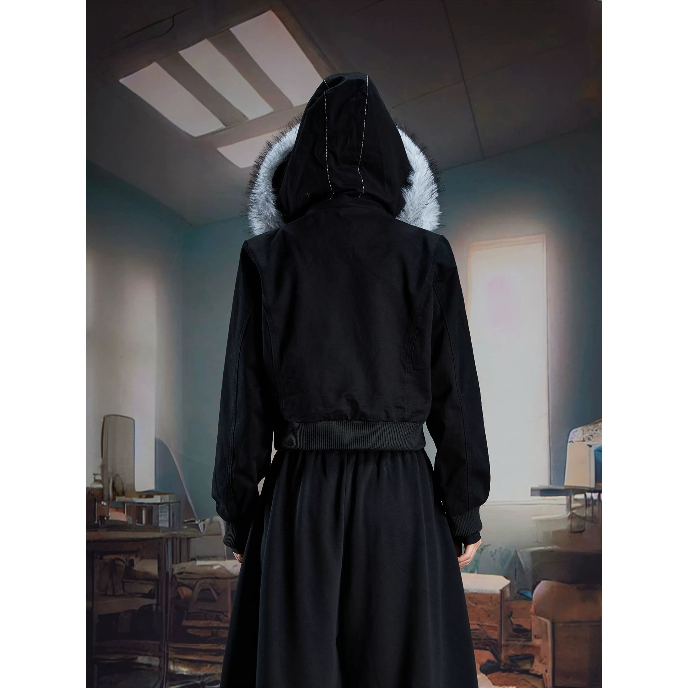 Unmanned island, detachable furry hooded lightweight punk slim fit ultra short jacket with zipper, trendy and cool women's style