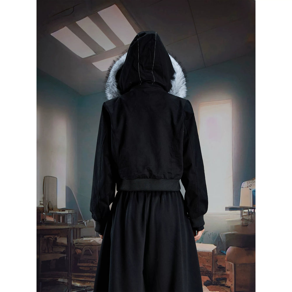 Unmanned island, detachable furry hooded lightweight punk slim fit ultra short jacket with zipper, trendy and cool women's style