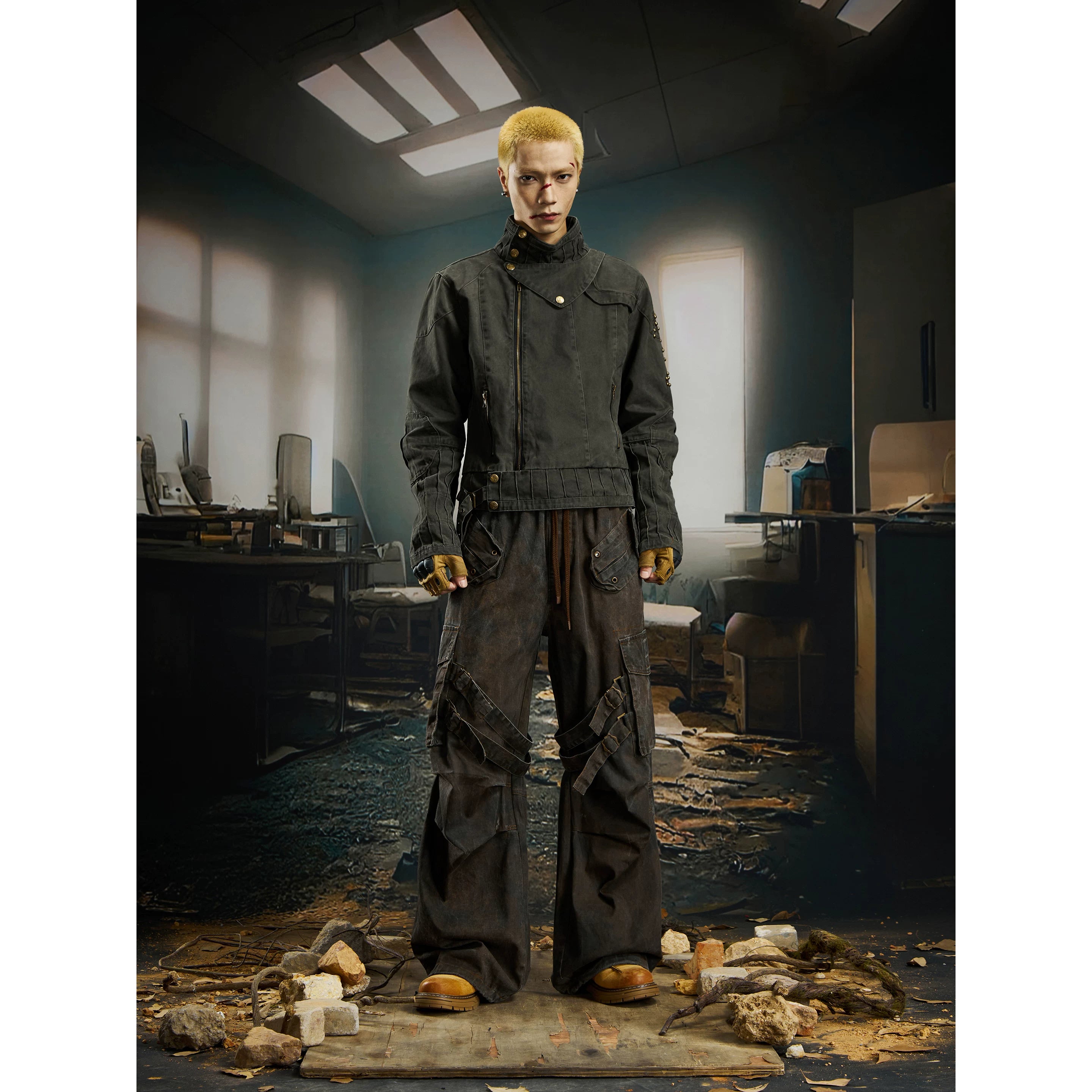 Unmanned island heavy industry, washing water, making old embroidery, antique copper rivets, short denim jacket, jacket, cotton clip for warmth