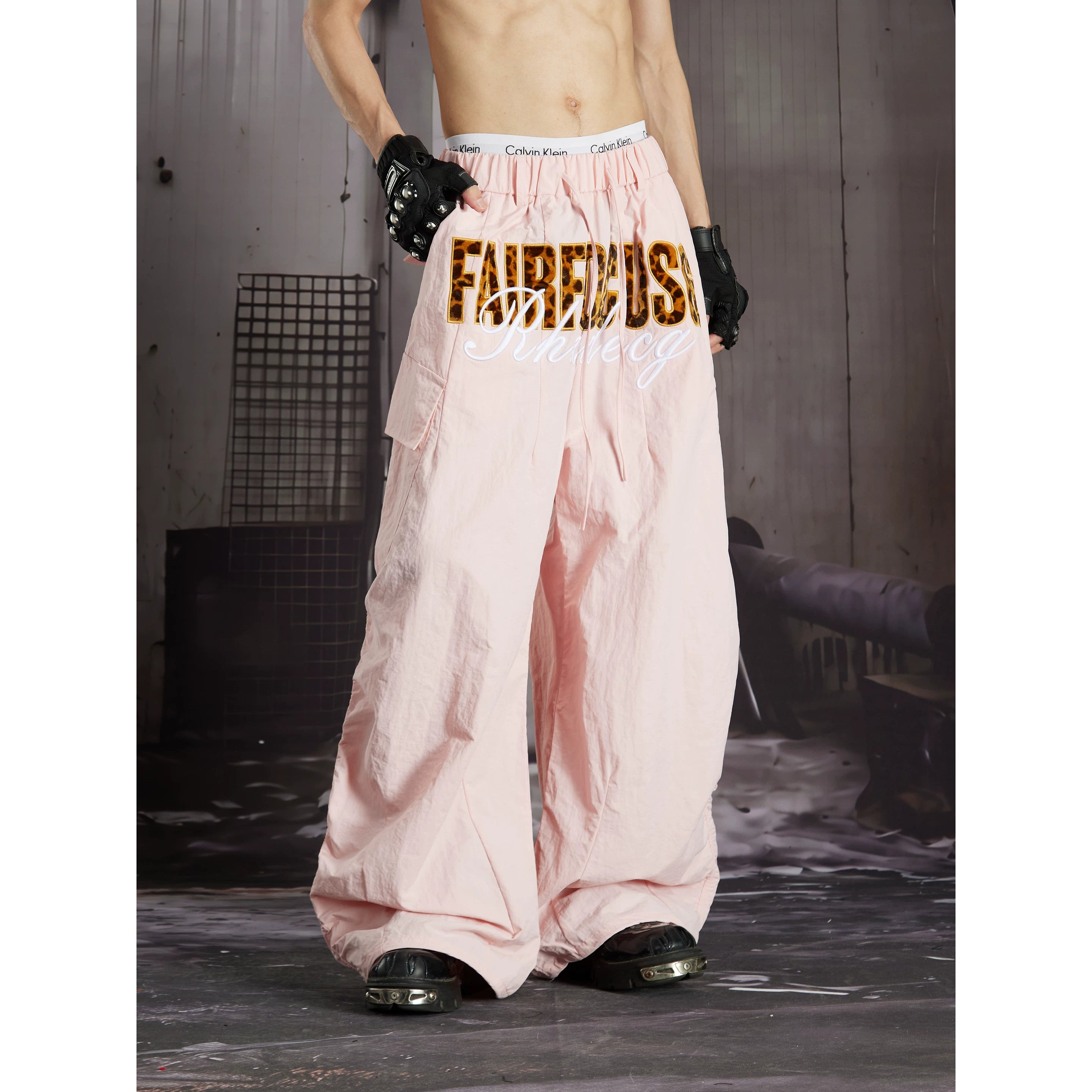 Unmanned Island American Ins Hip Hop Fashion Street Leopard Embroidered Multi Pocket Work Pants Wide Leg Parachute Pants