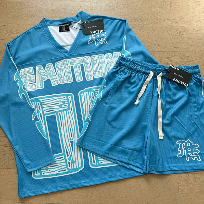 MIXED EMOTION Mesh Jersey Long Sleeve Shorts Set