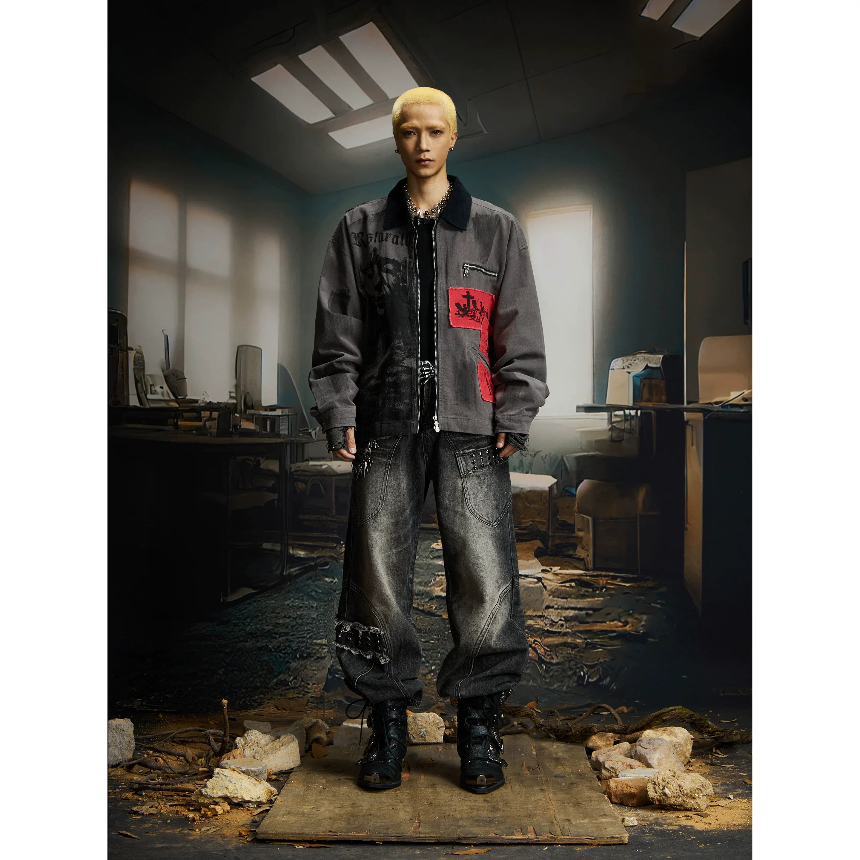 Unmanned island retro red and black washed patch denim digital spray painting Detroit jacket jacket top