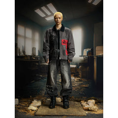 Unmanned island retro red and black washed patch denim digital spray painting Detroit jacket jacket top