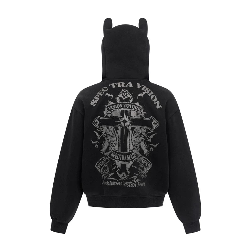A heavyweight hoodie with a knitted cross pattern