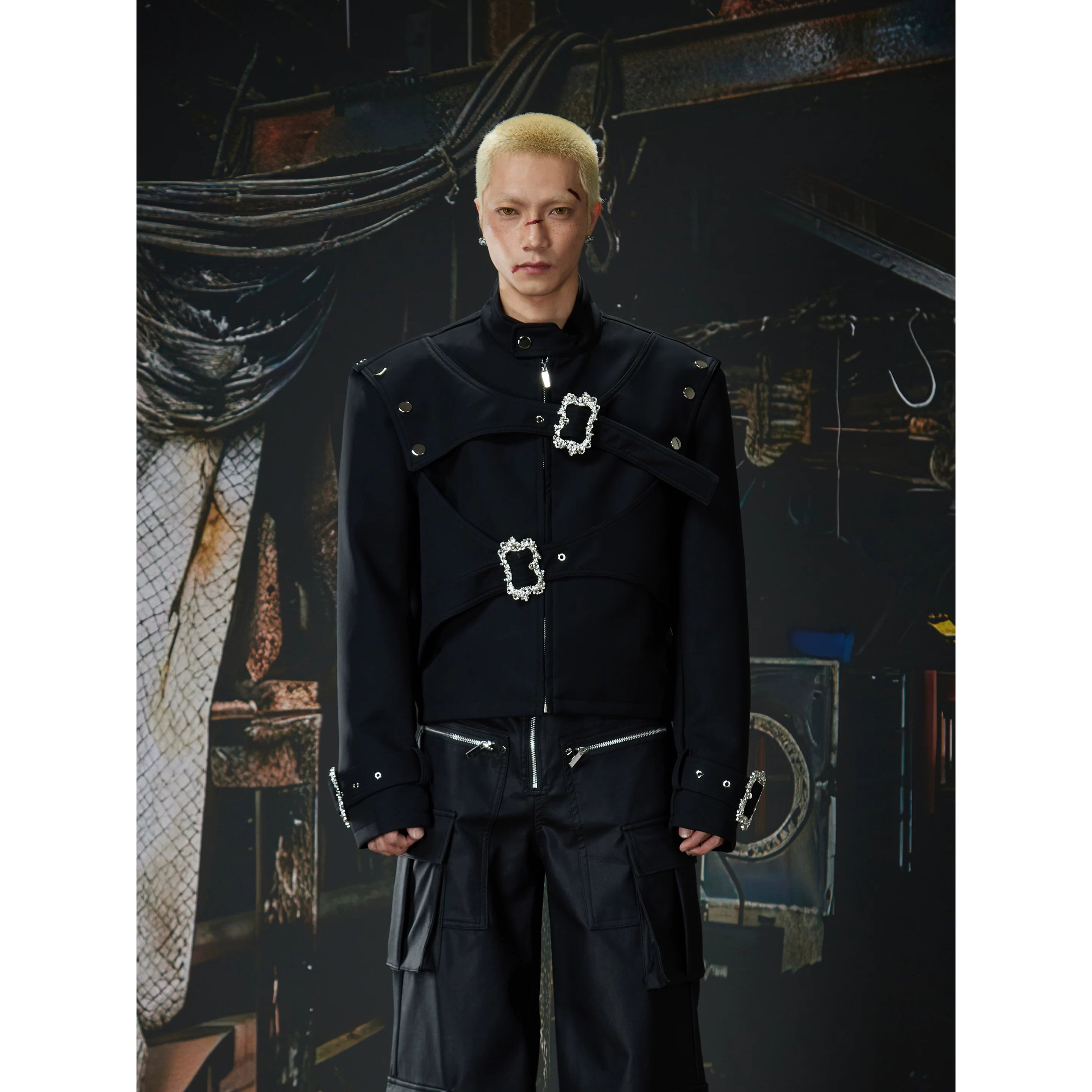 Unmanned island new product, high-end feeling, dark niche pioneer, deconstruction belt, short leather jacket, jacket, jacket