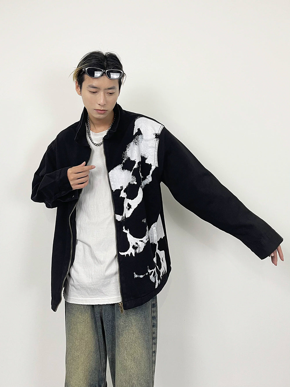 A knife high street embroidered skull print black denim jacket