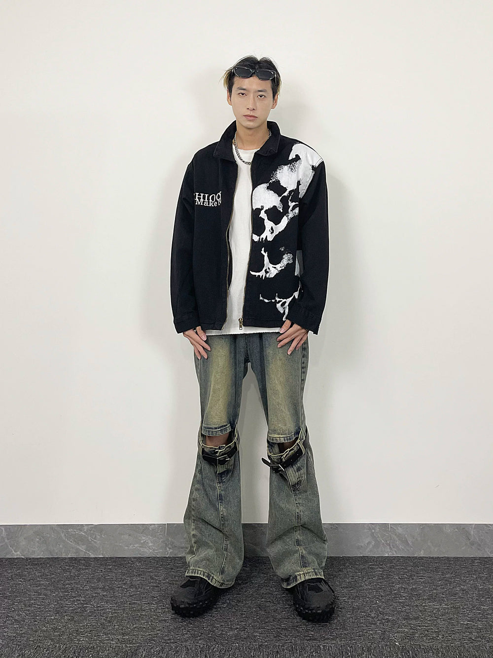 A knife high street embroidered skull print black denim jacket