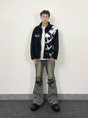 A knife high street embroidered skull print black denim jacket