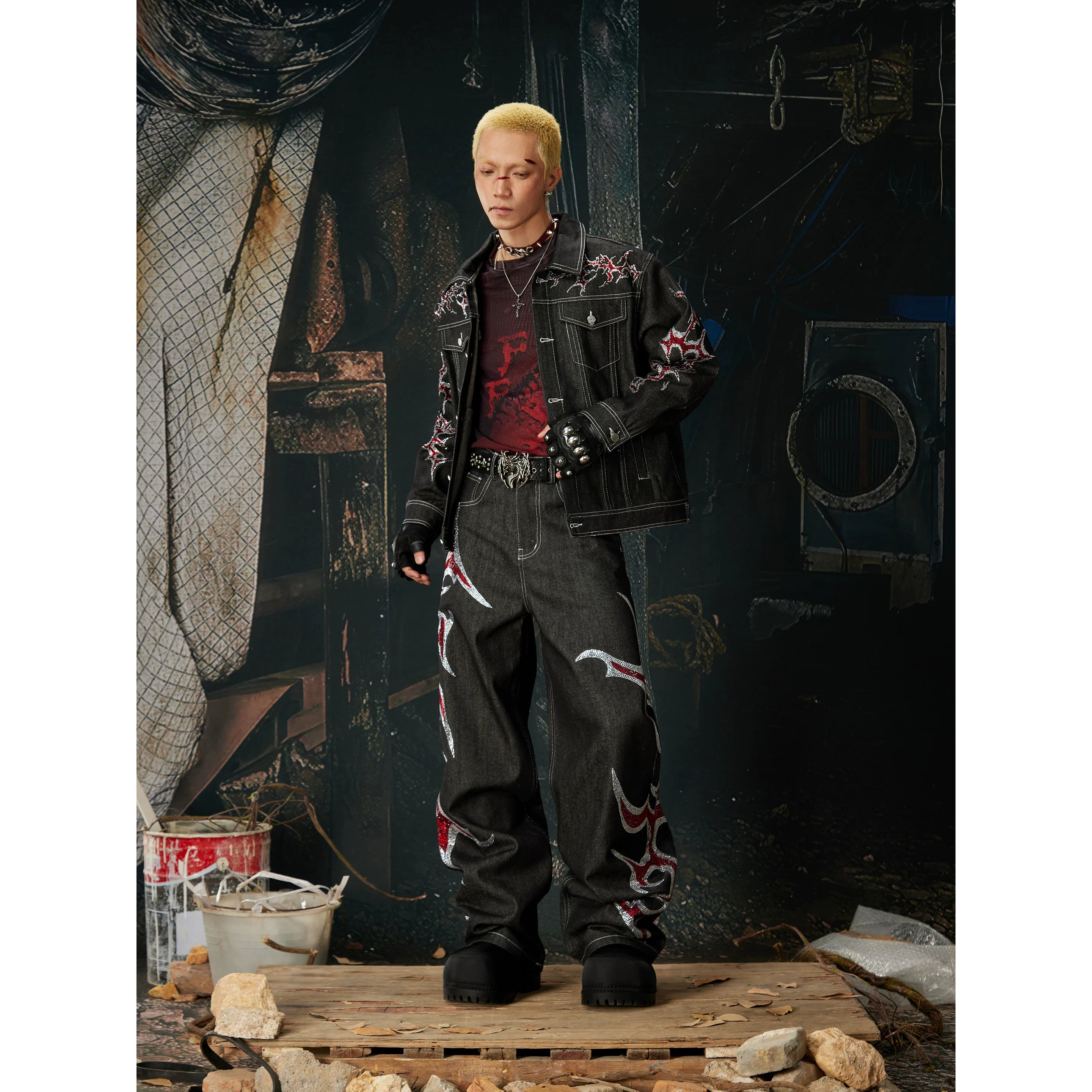 Unmanned island light Asia y2k high street hot stamping original cow loose short denim jacket jeans