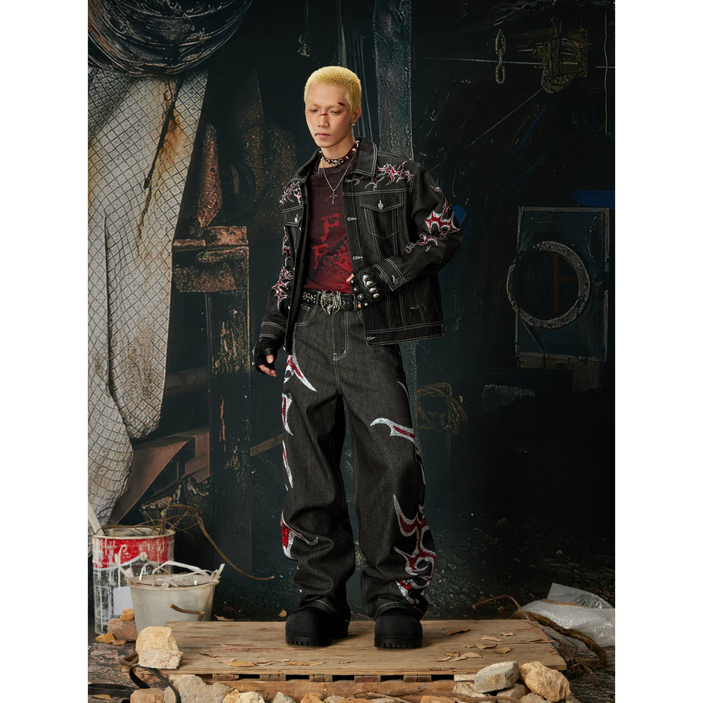 Unmanned island light Asia y2k high street hot stamping original cow loose short denim jacket jeans