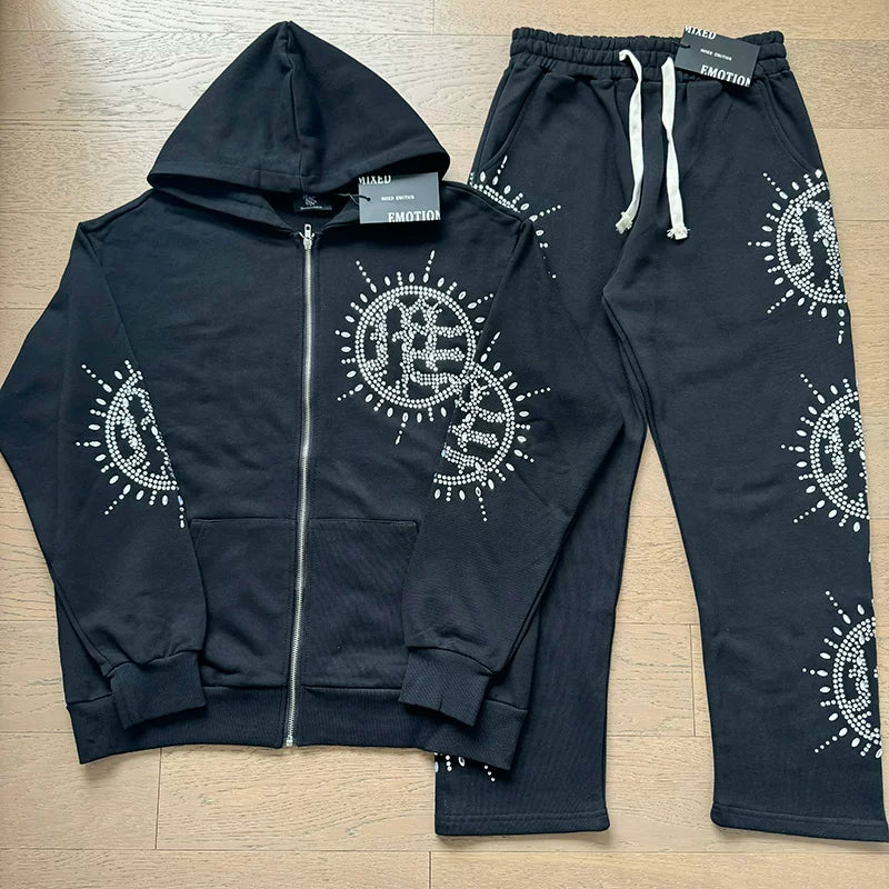 MIXED EMOTION Rhinestone Logo Hooded Sweatsuit Set