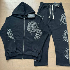 MIXED EMOTION Rhinestone Logo Hooded Sweatsuit Set