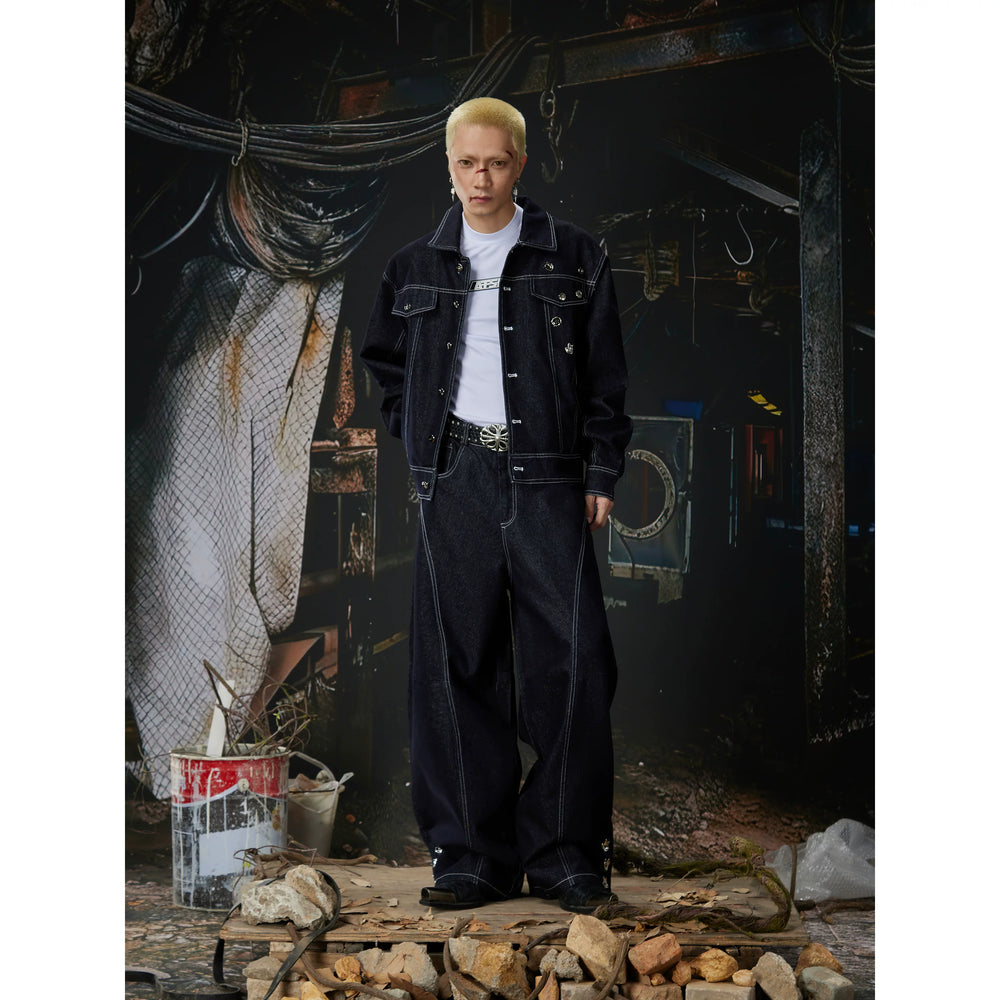 Unmanned Island New Product Simple and Versatile Open Line Custom Metal Buckle Wide Leg Loose Jeans Short Wide Coat