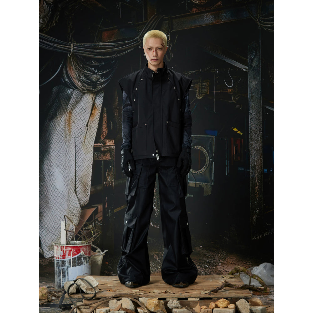 Unmanned island new product deconstruction cutting red zircon embellishment design stand up collar loose vest men's and women's jacket