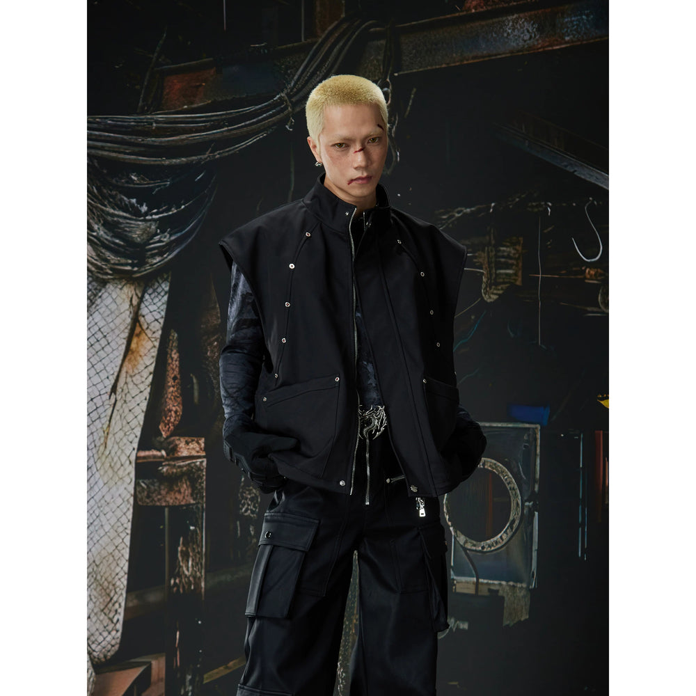 Unmanned island new product deconstruction cutting red zircon embellishment design stand up collar loose vest men's and women's jacket