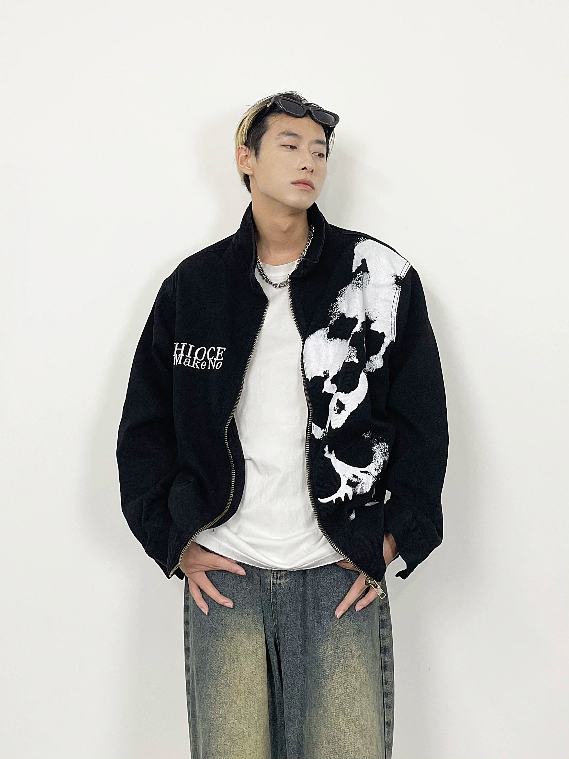 A knife high street embroidered skull print black denim jacket