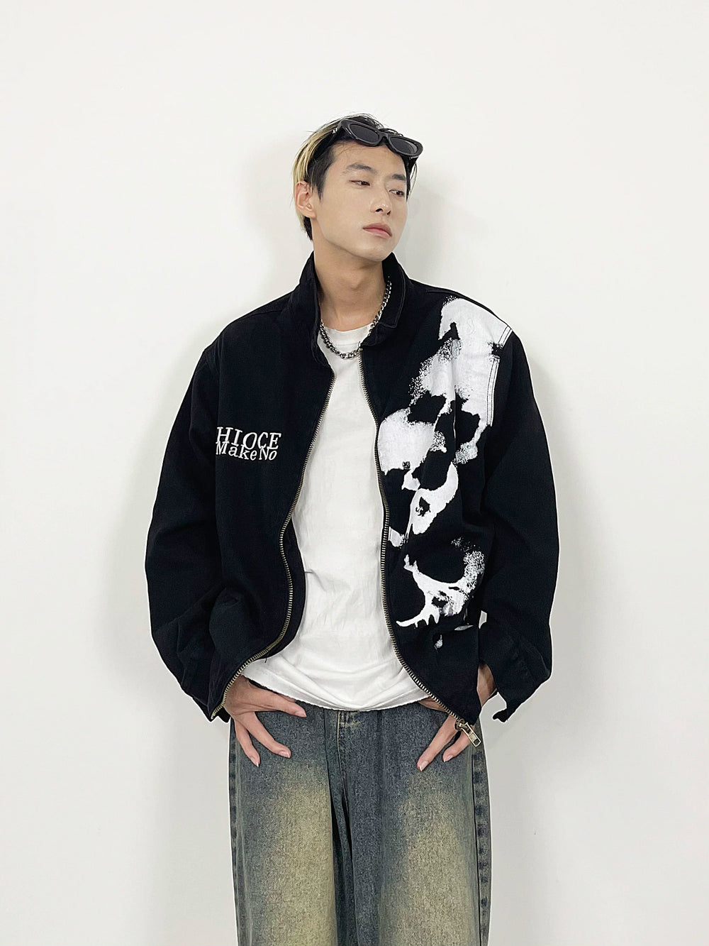 A knife high street embroidered skull print black denim jacket