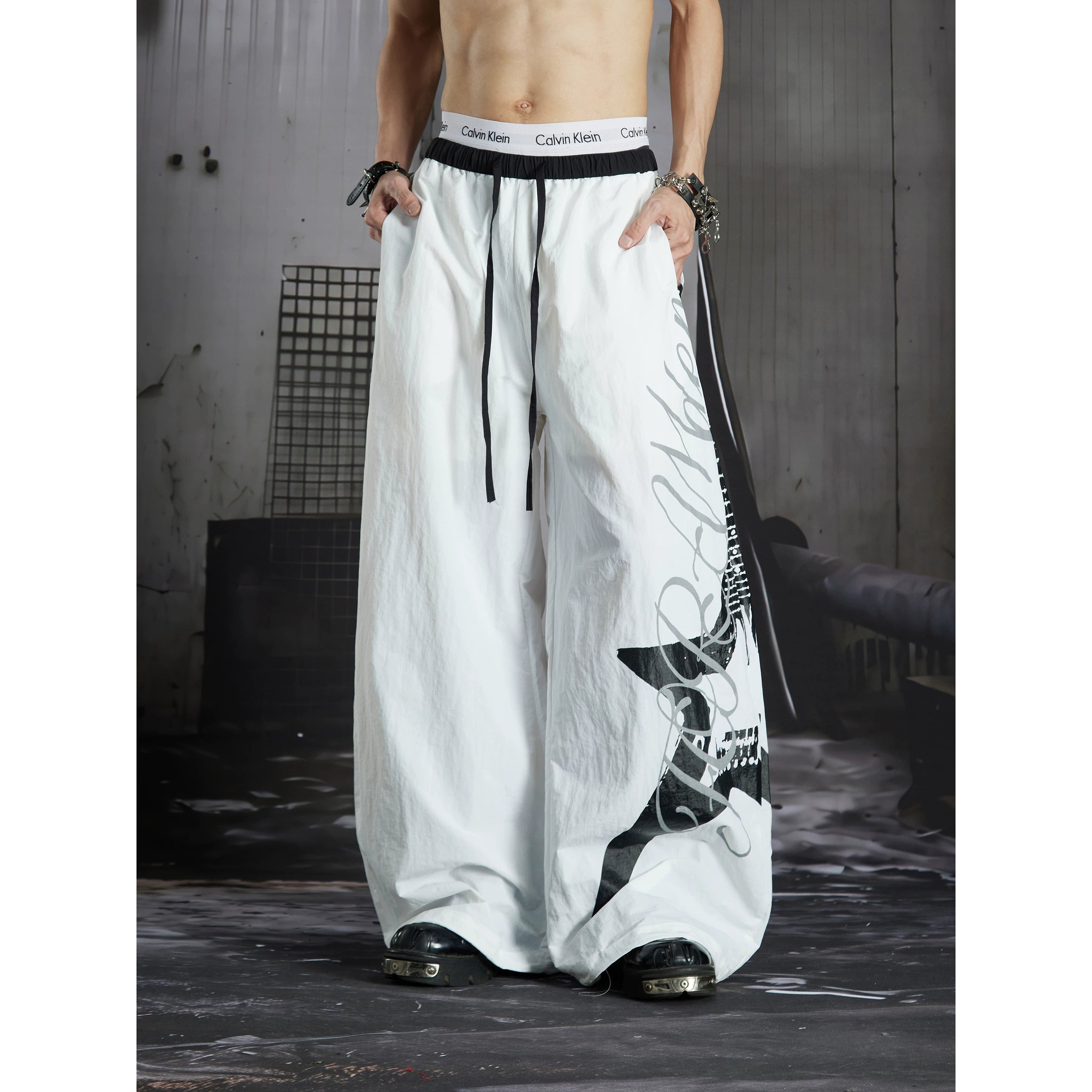 Unmanned island punk electric guitar print light Asian y2k loose wide leg curved knife casual pants long pants for men and women