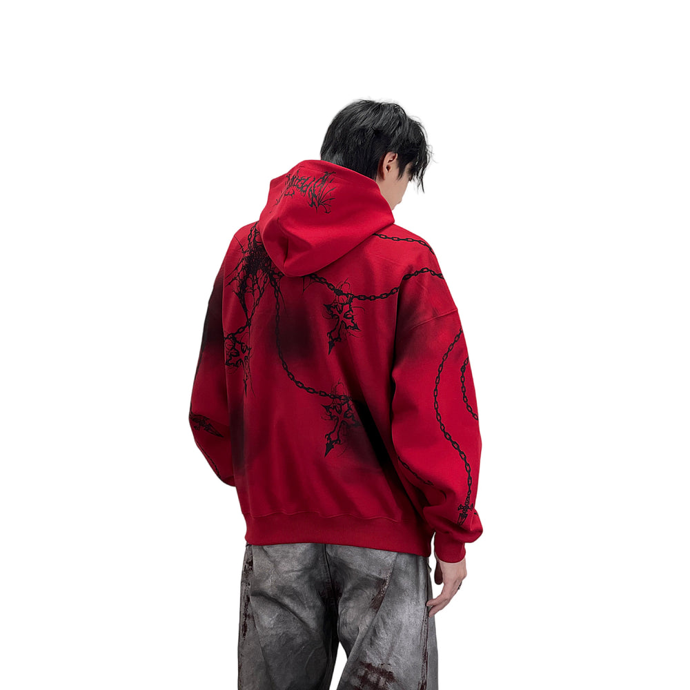 A knife cross-shaped chain printed hooded sweatshirt