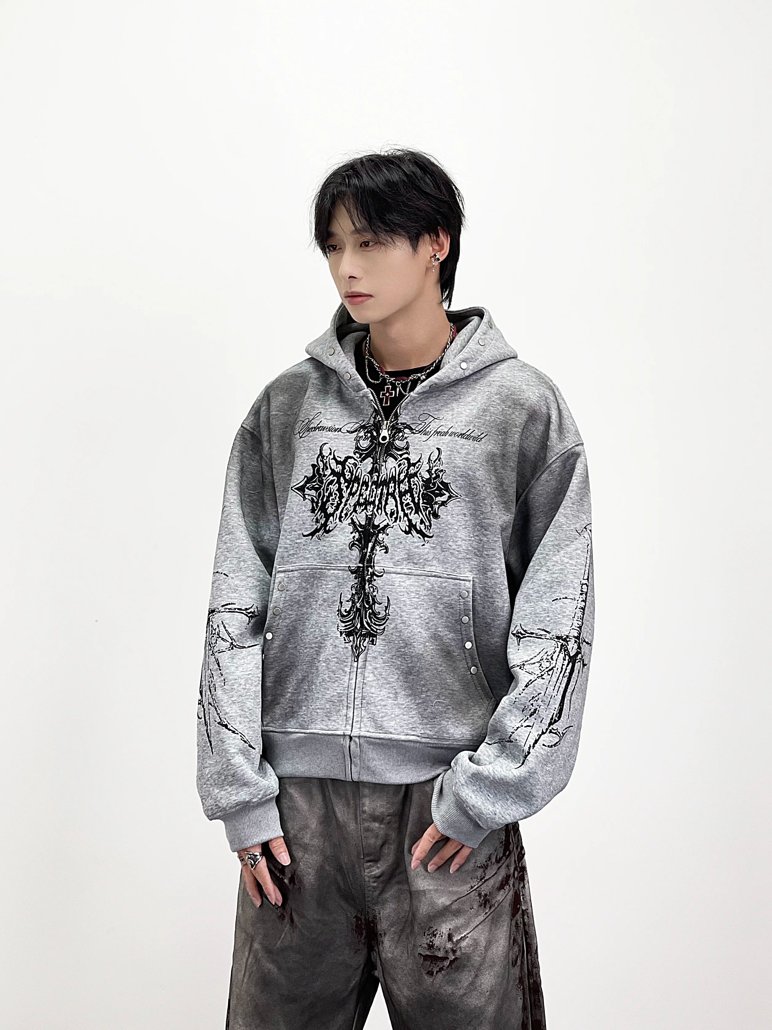 A knitted cross-shaped sword tie-dye distressed cardigan jacket