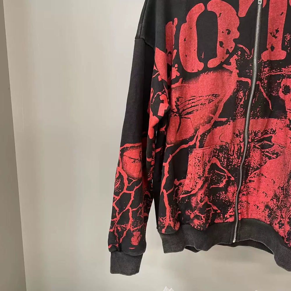 MIXED EMOTION Distressed Allover Print Zip Hoodie