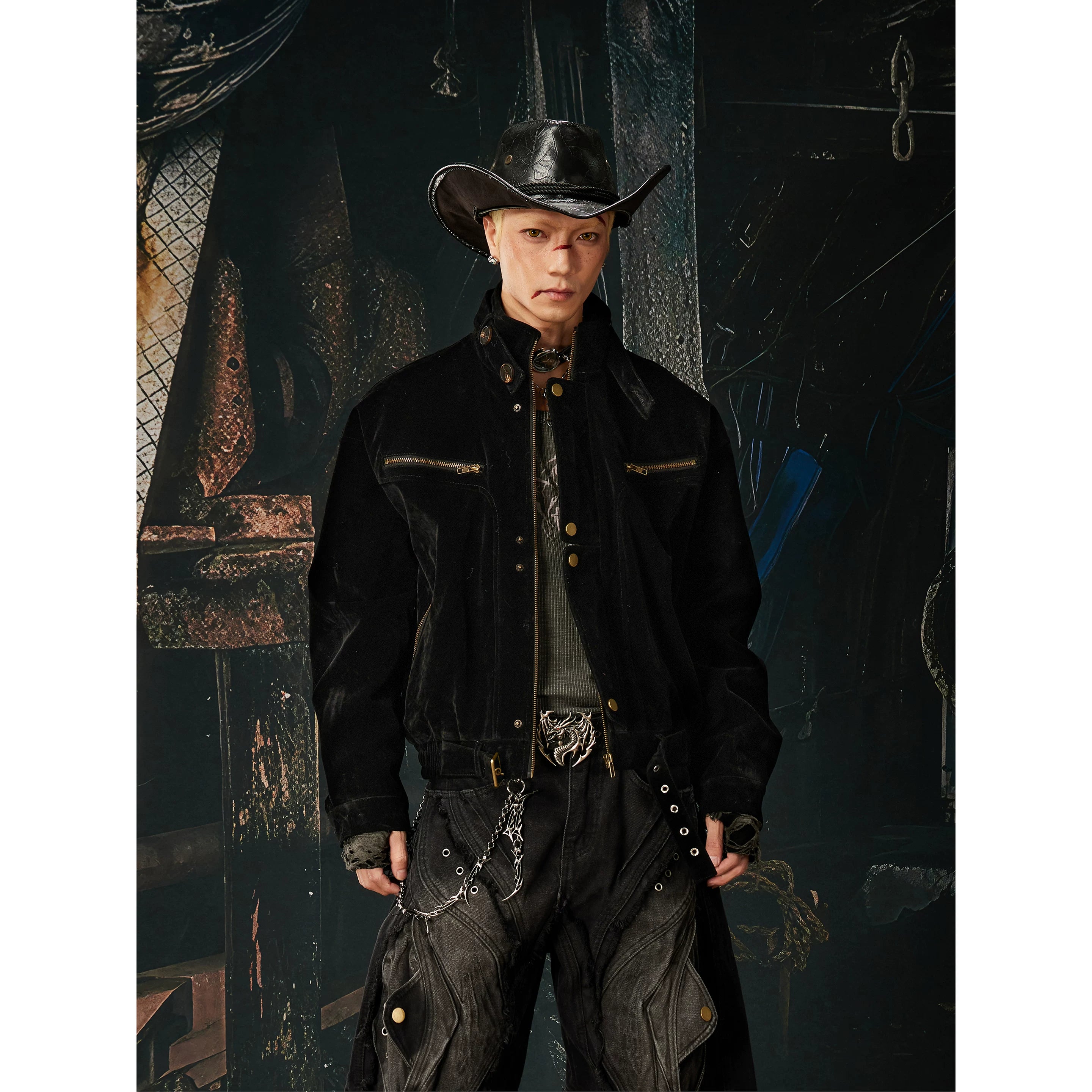 Unmanned Island New Product Plush Deconstructed Front Zipper Button Short Stand up Collar Jacket for Men and Women Spring and Autumn
