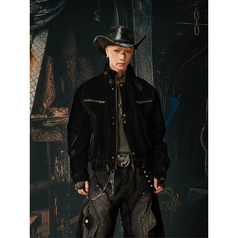Unmanned Island New Product Plush Deconstructed Front Zipper Button Short Stand up Collar Jacket for Men and Women Spring and Autumn