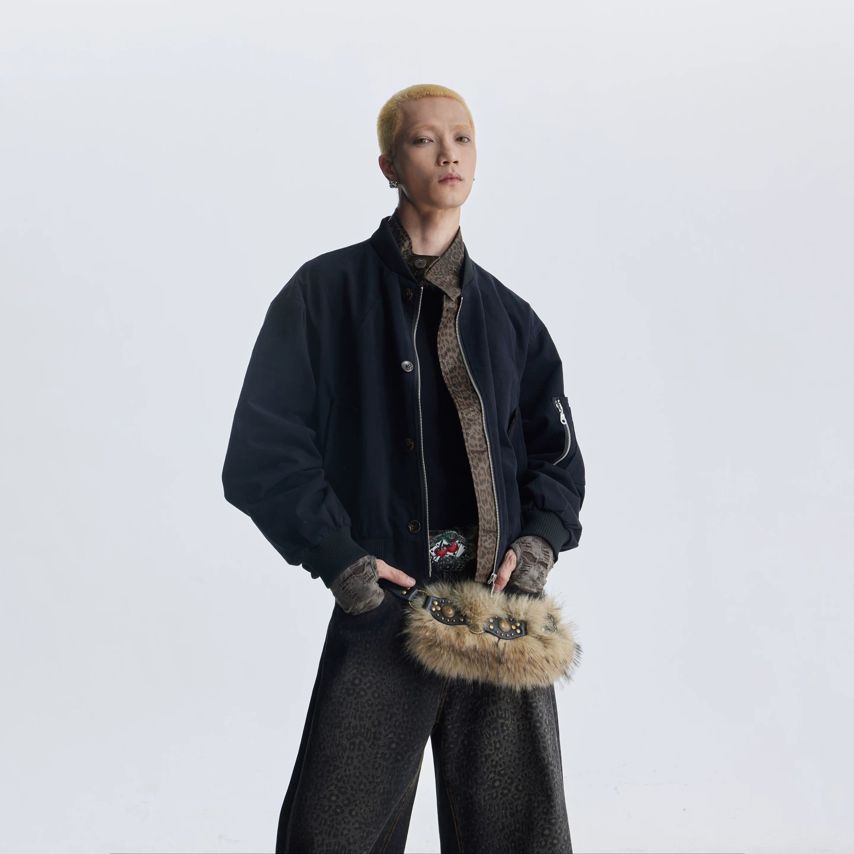 Unmanned island leopard print patchwork fake two-piece zipper baseball collar zipper jacket loose jacket top