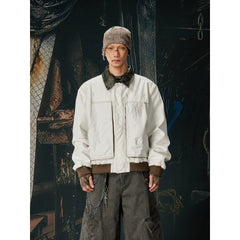 Unmanned Island New Product Retro Street Leather Collar Contrasting Colors Bright Thread Loose Short Width Workwear Zipper Jacket Coat
