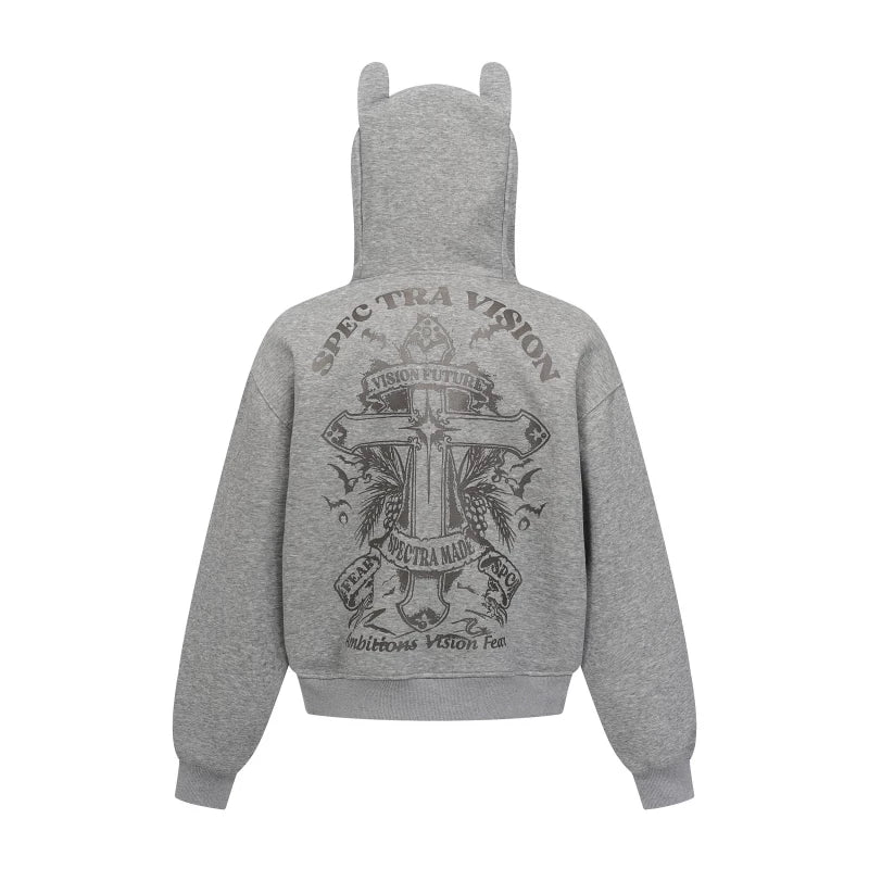 A heavyweight hoodie with a knitted cross pattern
