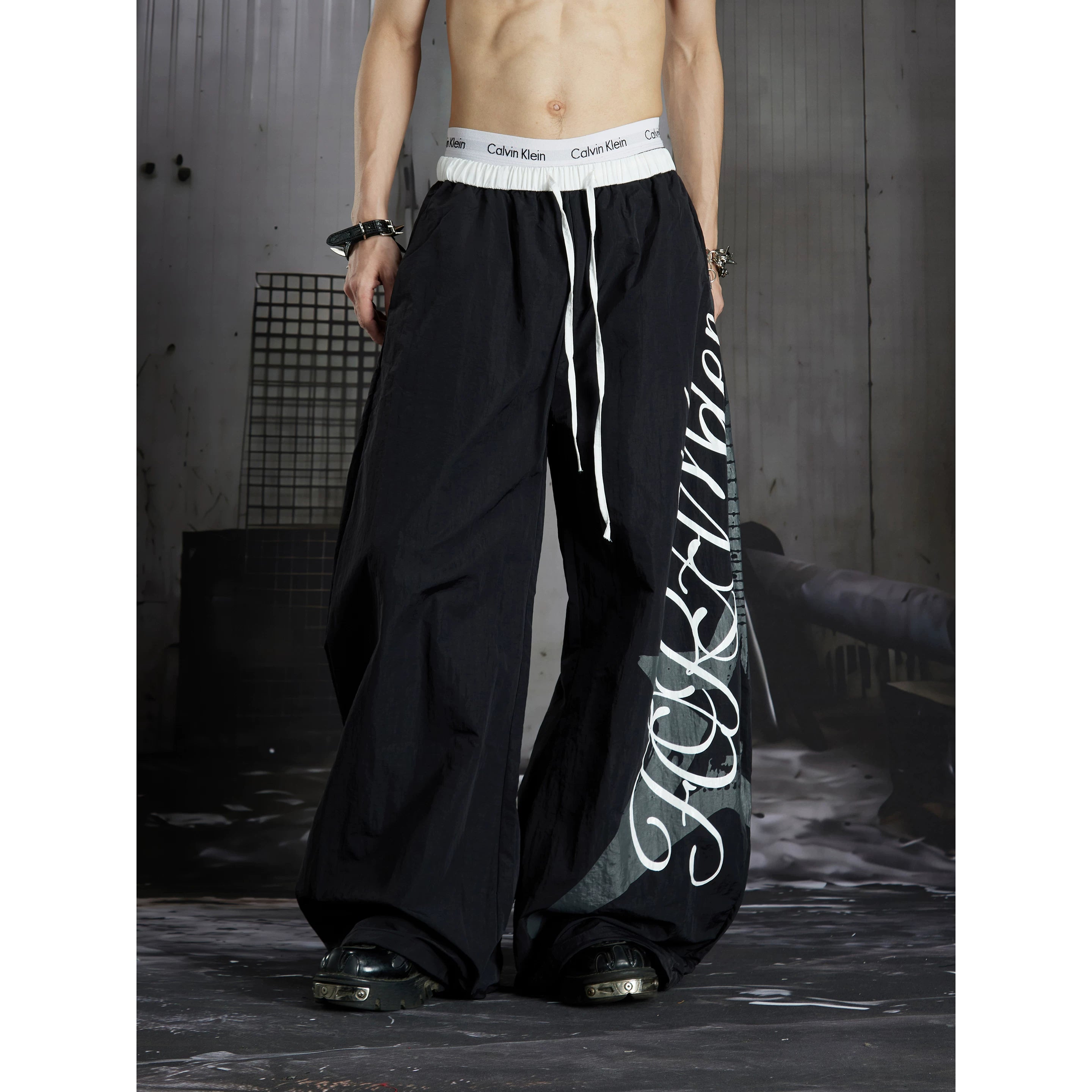 Unmanned island punk electric guitar print light Asian y2k loose wide leg curved knife casual pants long pants for men and women