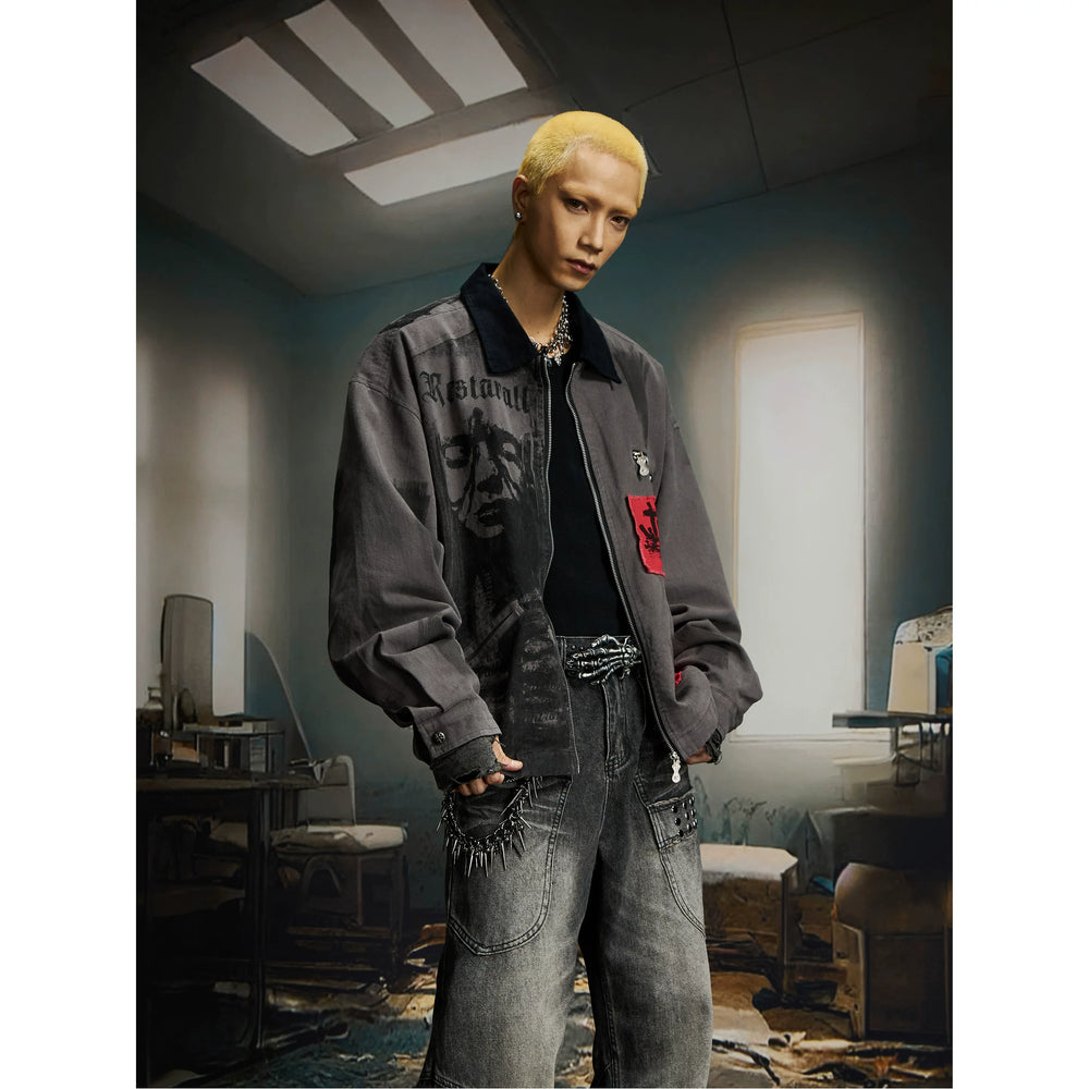 Unmanned island retro red and black washed patch denim digital spray painting Detroit jacket jacket top