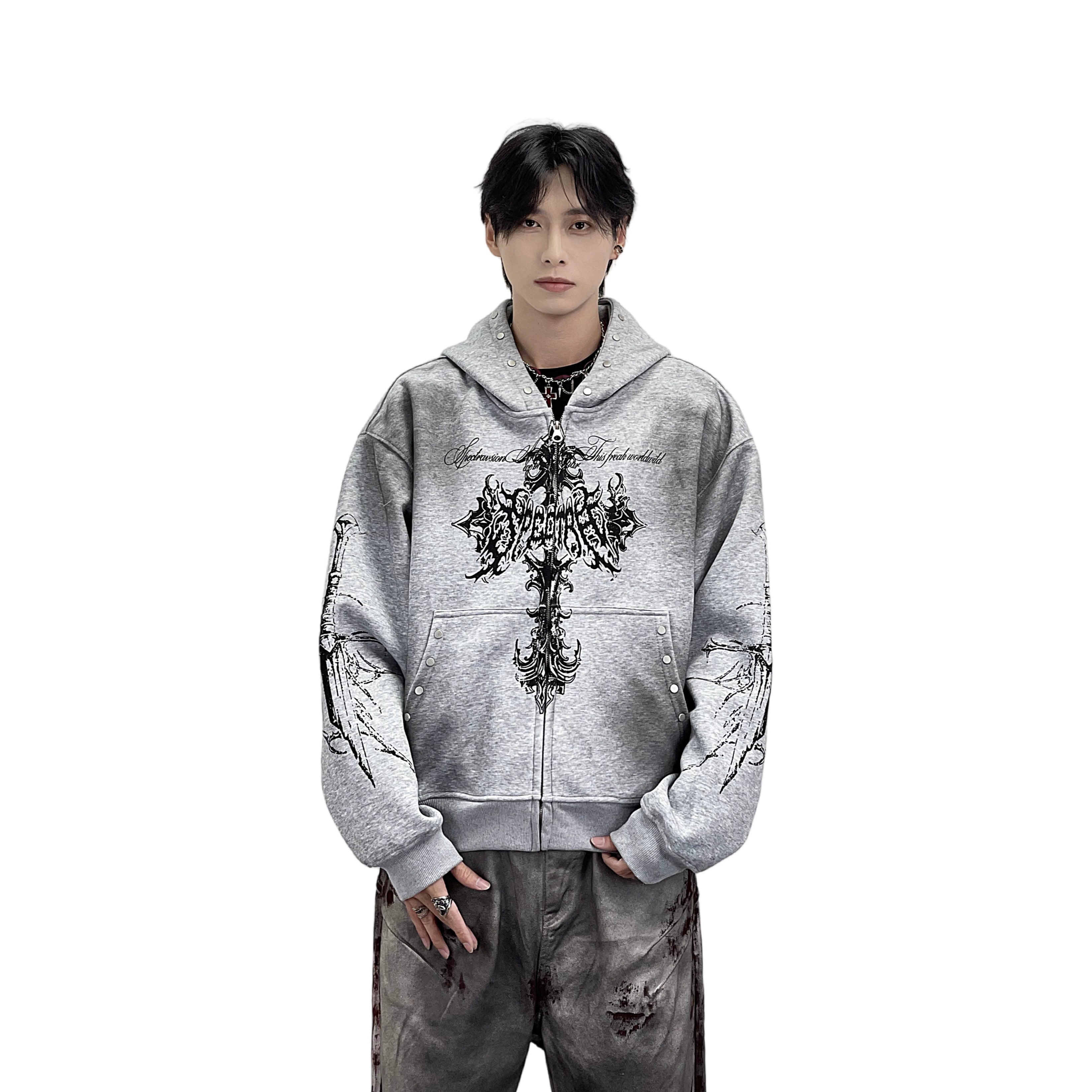 A knitted cross-shaped sword tie-dye distressed cardigan jacket