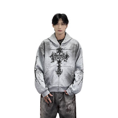 A knitted cross-shaped sword tie-dye distressed cardigan jacket