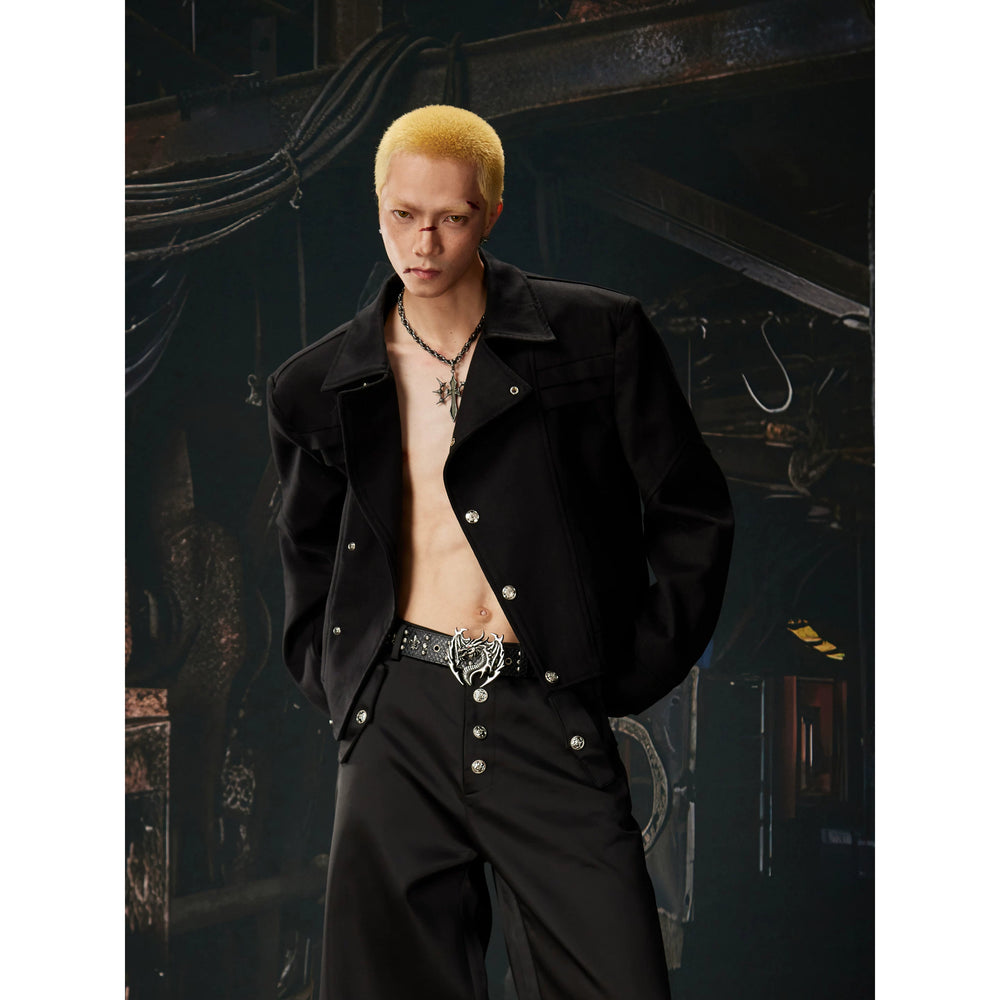 Unmanned Island New Product Pioneer Advanced Deconstruction Slanted Front Collar Metal Buckle Flip Collar Short Jacket Jacket for Men and Women