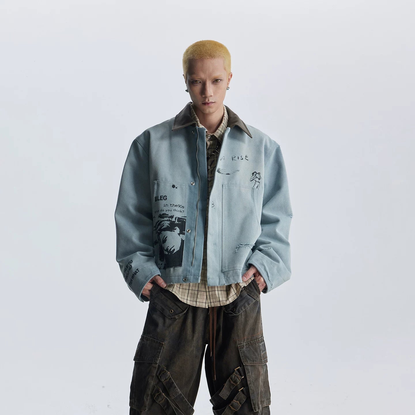 Unmanned Island Personalized Retro Double sided Printed Collar Leather Collar Zipper Jacket for Men and Women Trendy
