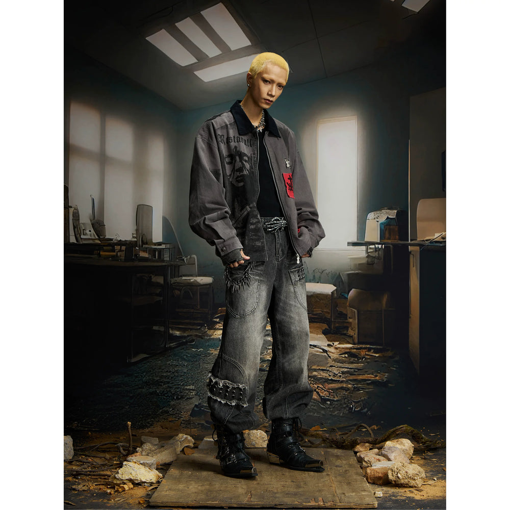 Unmanned island retro red and black washed patch denim digital spray painting Detroit jacket jacket top