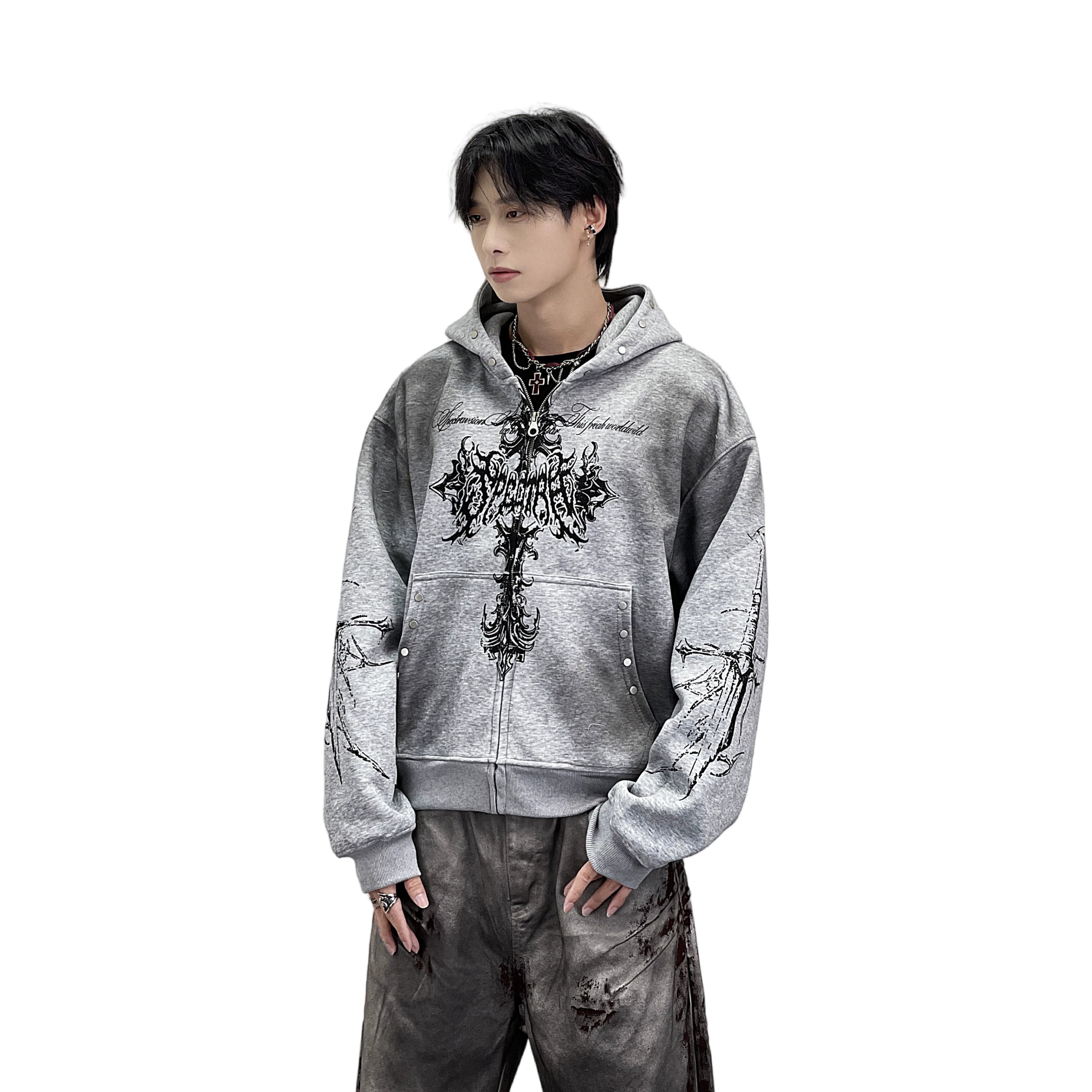 A knitted cross-shaped sword tie-dye distressed cardigan jacket