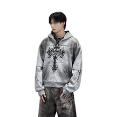 A knitted cross-shaped sword tie-dye distressed cardigan jacket