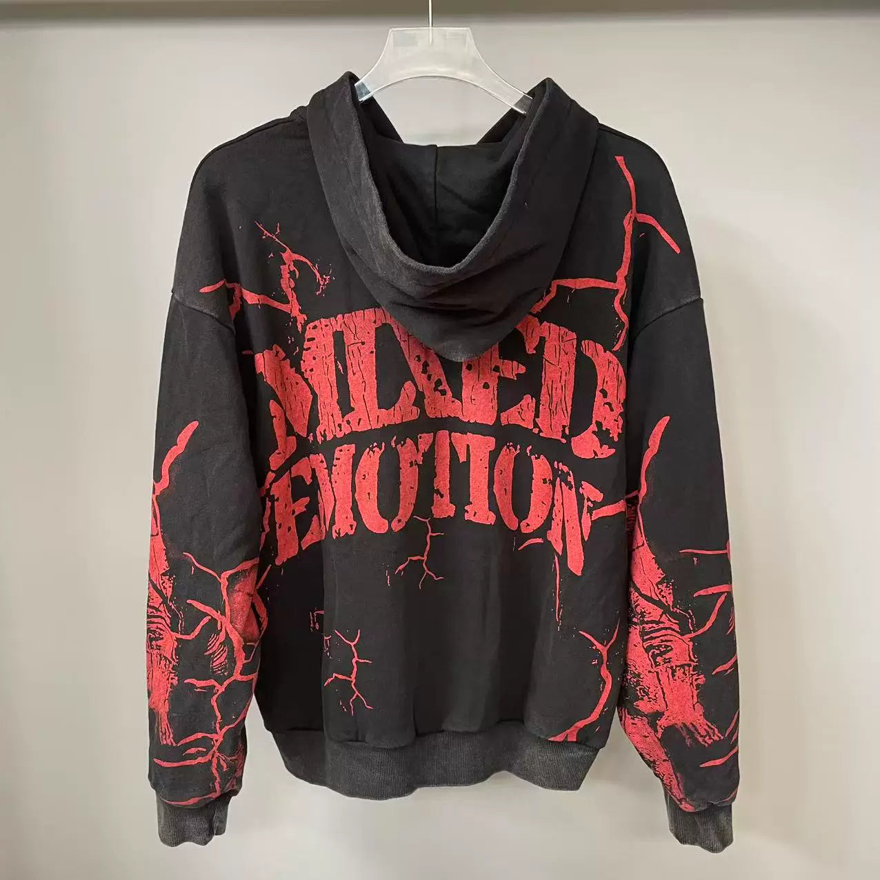 MIXED EMOTION Distressed Allover Print Zip Hoodie