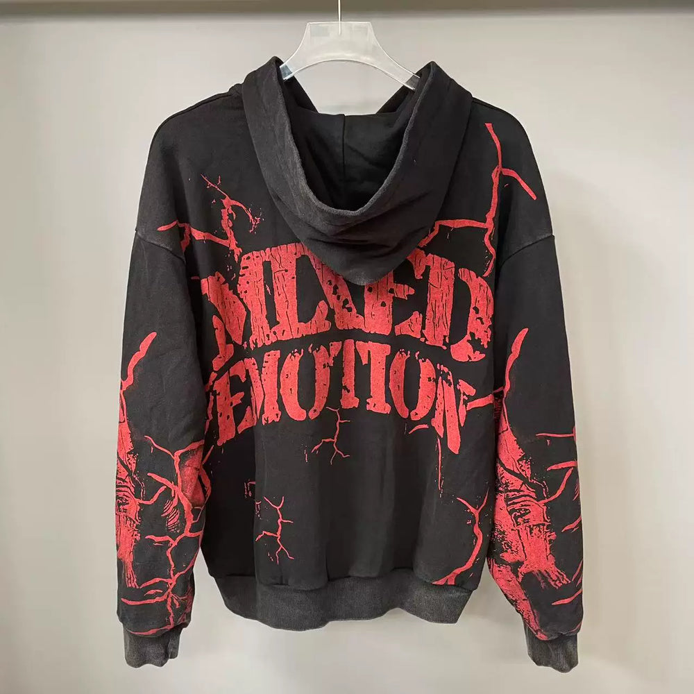 MIXED EMOTION Distressed Allover Print Zip Hoodie