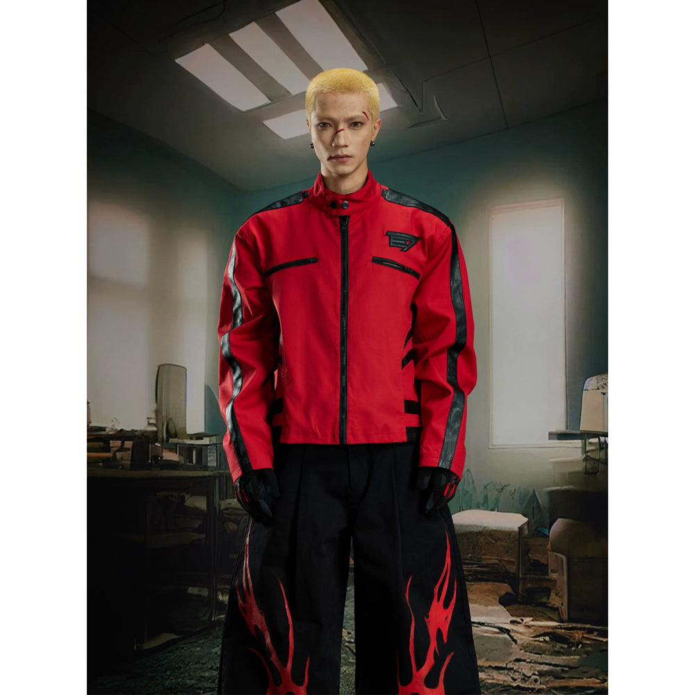 Unmanned island super handsome stand up collar high-end motorcycle jacket with spliced leather, contrasting color, spliced zipper jacket for men and women