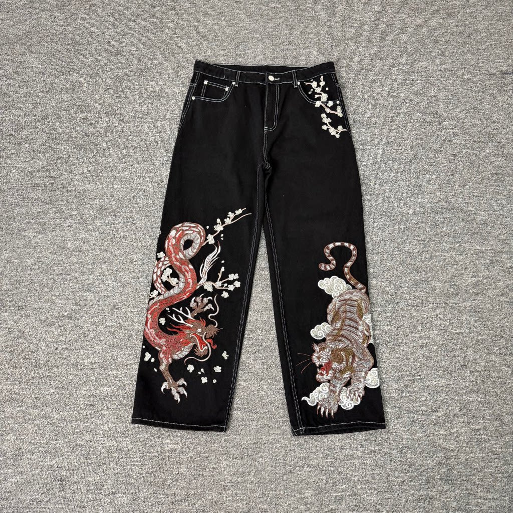 Derschutze Dragon Tiger Embroidered Loose Jeans