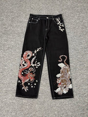 Derschutze Dragon Tiger Embroidered Loose Jeans