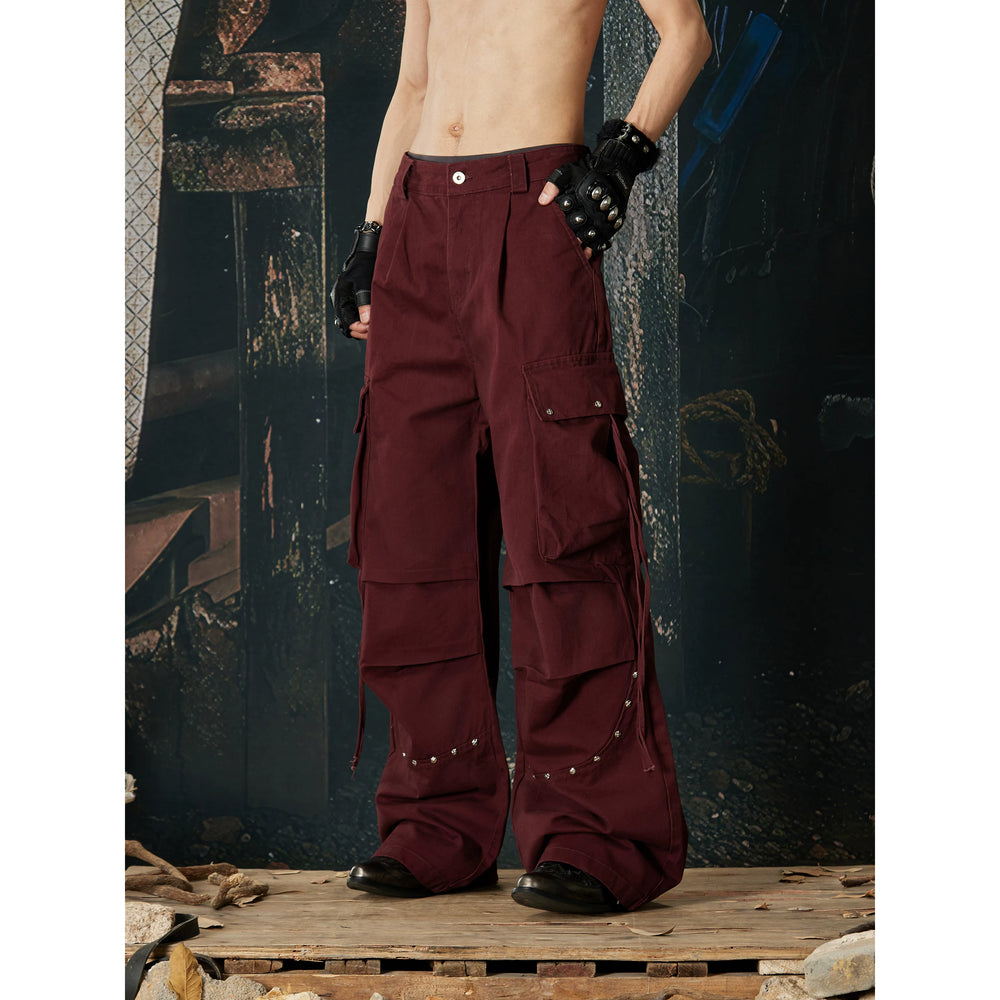 Unmanned island, high weight washed cotton, three-dimensional cutting and splicing, rivet drawstring work pants for men and women