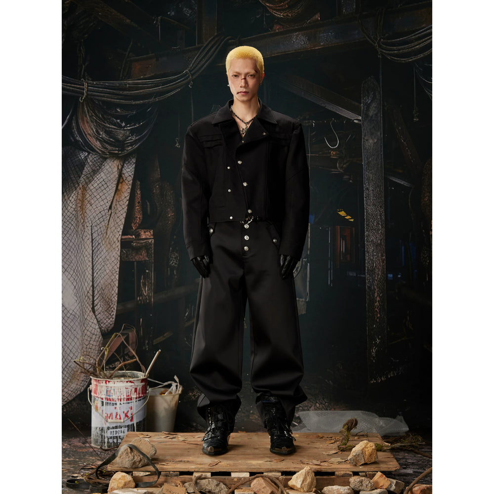 Unmanned Island New Product Pioneer Advanced Deconstruction Slanted Front Collar Metal Buckle Flip Collar Short Jacket Jacket for Men and Women
