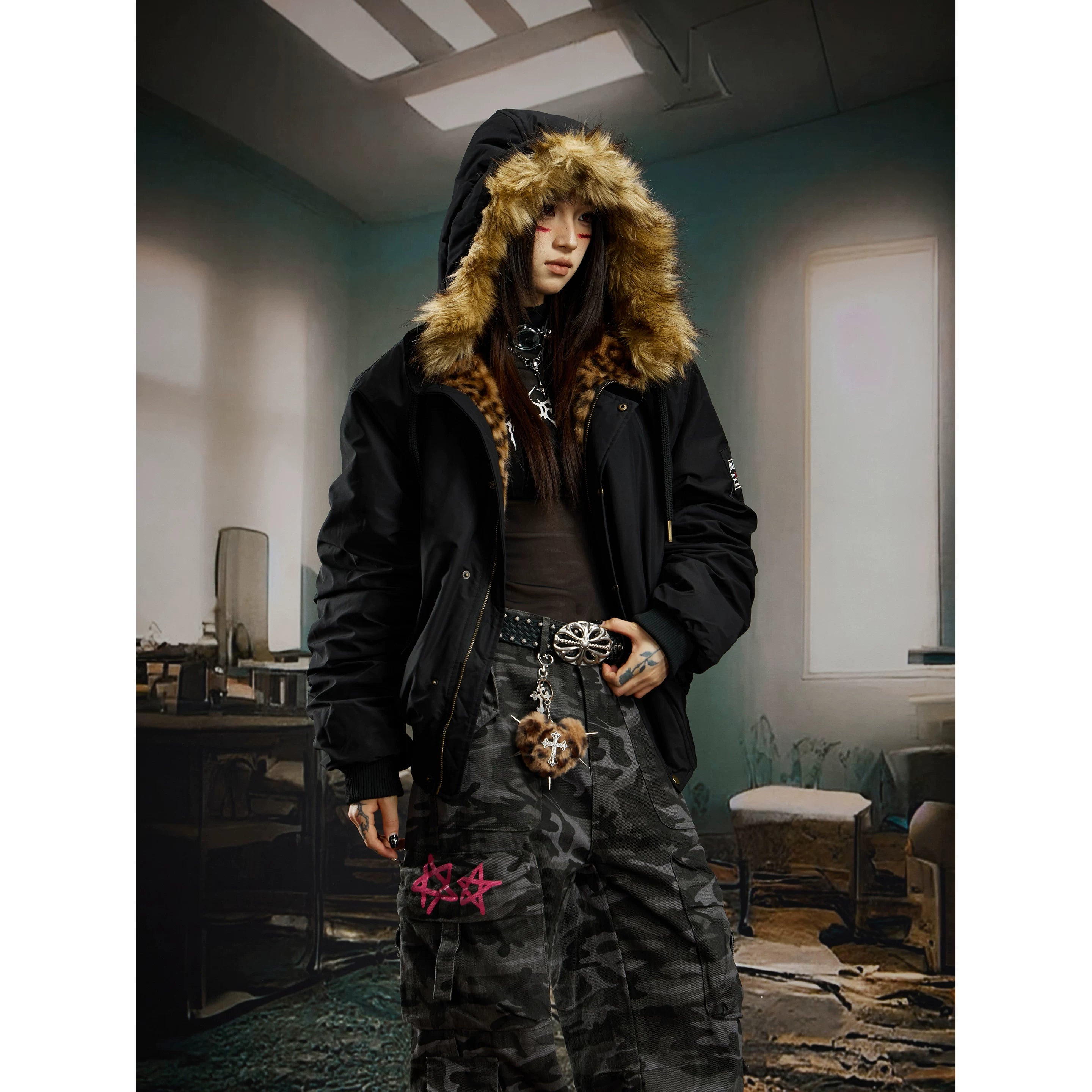 Unmanned Island Leopard Pattern Splicing Hairy Hoodie Mountain Carving Cotton Jacket, Cotton Jacket, Loose Versatile Top