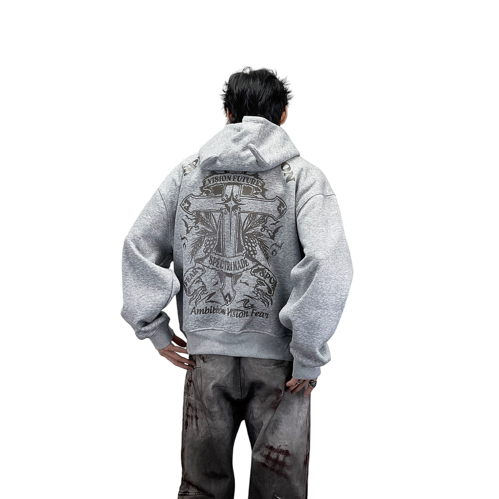 A heavyweight hoodie with a knitted cross pattern